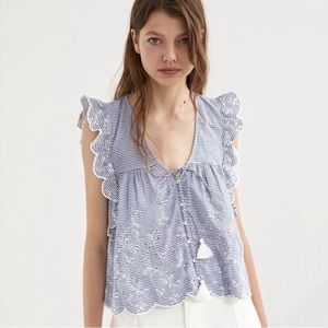 Zara Stripe Eyelet Sleeveless Blouse Scalloped Hem Blue White Size Medium